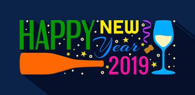2019 happy New Year banner. Şampanya şişe, cam, yıldızlar ve diğer renk gazetelerden yapılmış yazı. Vektör.