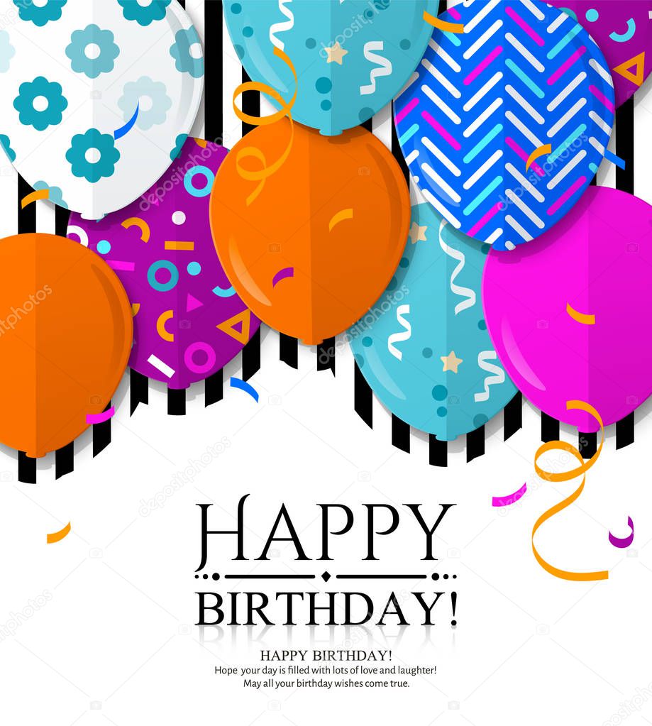 Happy Birthday greeting card with patterned balloons in flat style. Confetti and black stripes on background. Vector.