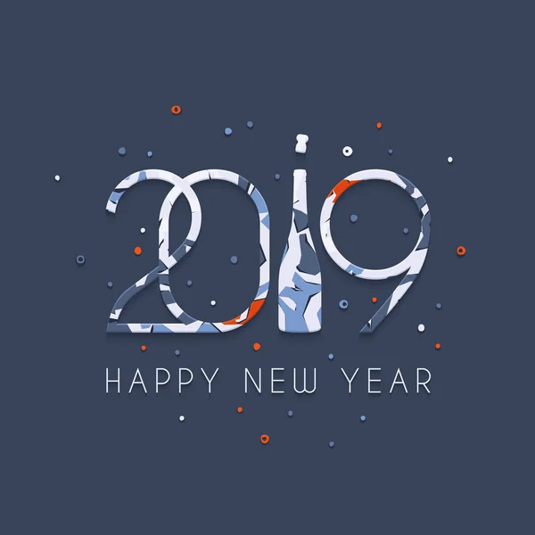 Šťastný nový rok 2019. Vzorované čísla a láhev šampaňského na modrém pozadí. Přání nový rok 2019. Vektorové ilustrace. — Stockový vektor