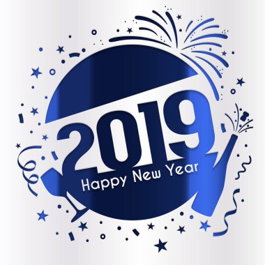2019 mutlu yeni yıl tebrik kartı. Numaralar, bir şişe şampanya, cam, havai fişek ve konfeti gümüş kağıttan kesilerek. Vektör.