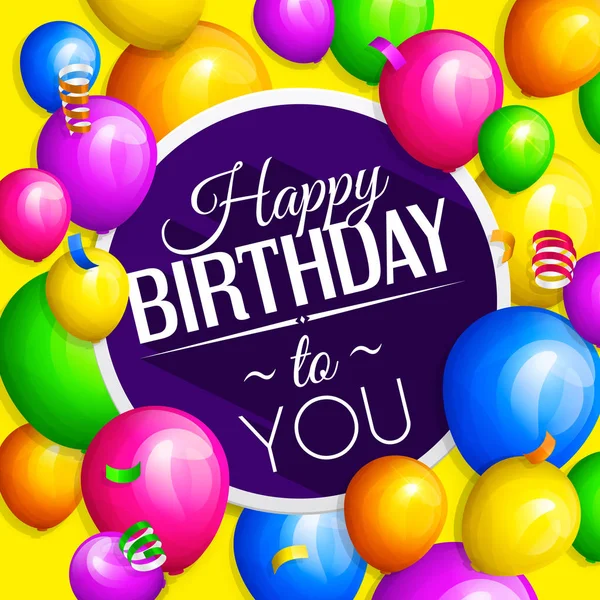 Feliz aniversário cartão de saudação. Um bando de balões coloridos e confetes. Letras elegantes no fundo. Vetor . — Vetor de Stock