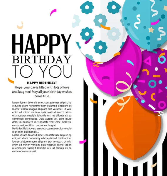 Tarjeta Felicitación Happy Birthday Con Globos Estampados Estilo Plano Confetti — Vector de stock