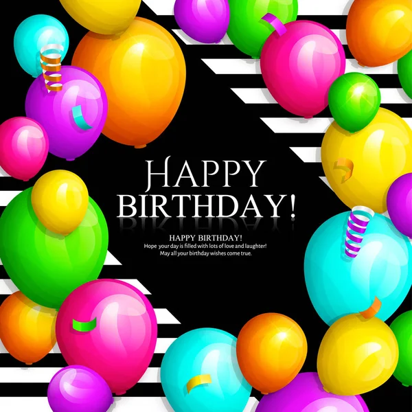 Happy Birthday greeting card. Bunch of colorful balloons, streamers and confetti. Stylish lettering on striped background. Vector. — Stock Vector