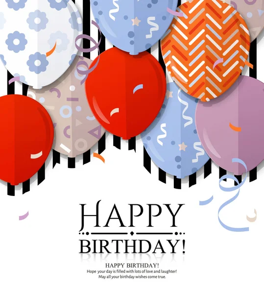 Tarjeta de felicitación Happy Birthday con globos estampados en estilo plano. Confetti y rayas negras en el fondo. Vector . — Vector de stock