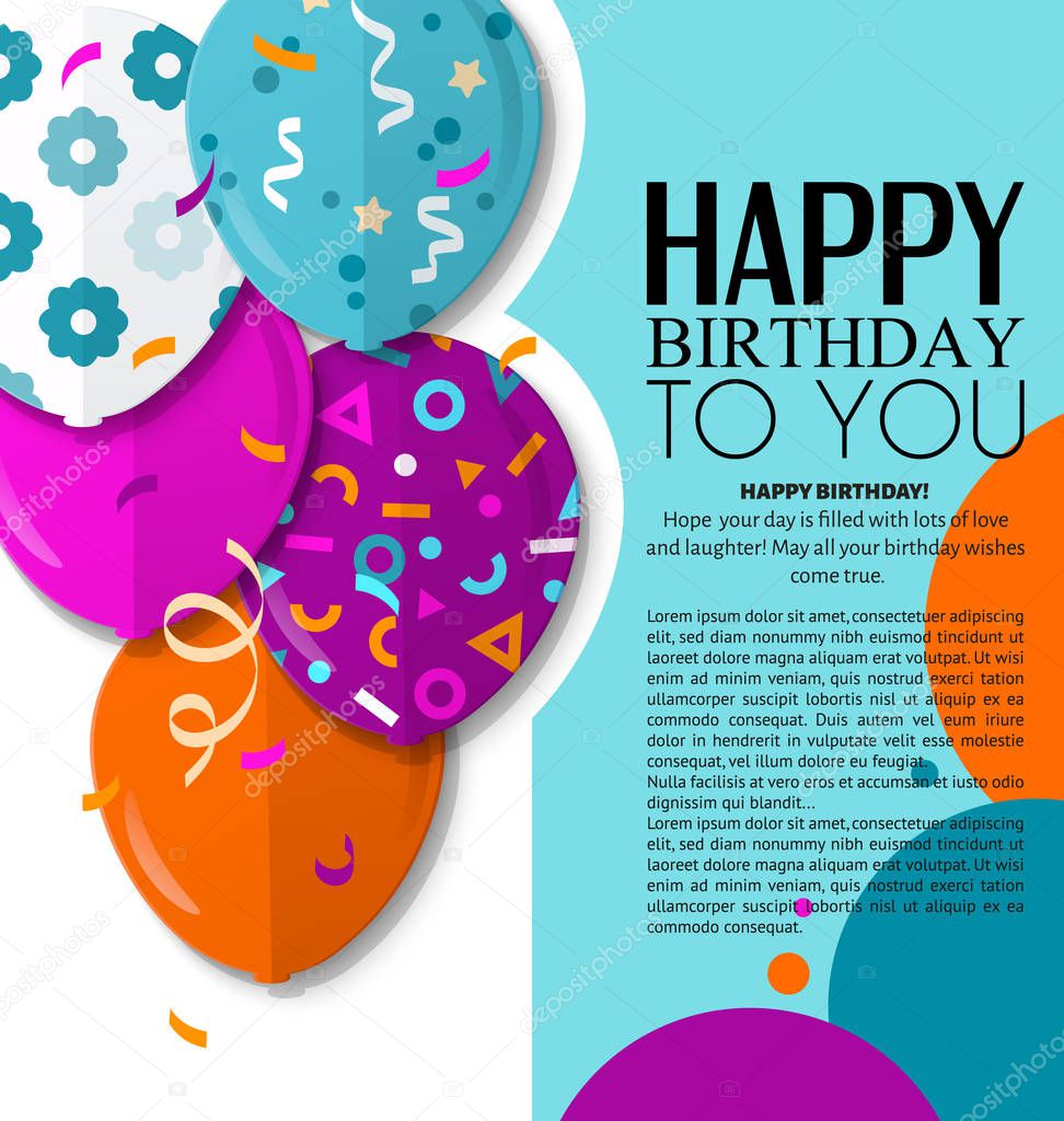 Happy Birthday greeting card with patterned balloons in flat style. Vector.