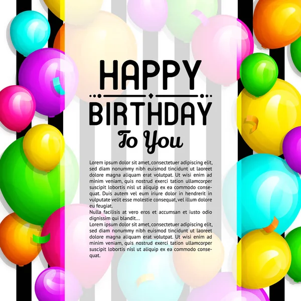 Gelukkige verjaardag-wenskaart. Stelletje kleurrijke ballonnen en confetti. Stijlvolle belettering op gestreepte achtergrond. Vector. — Stockvector