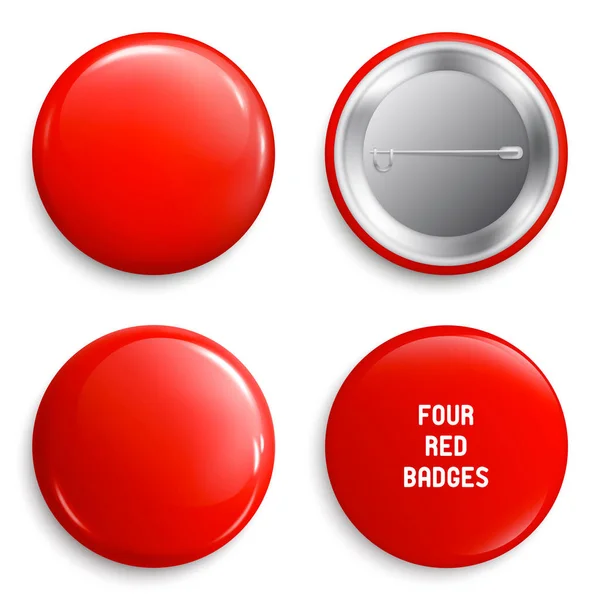 Vector blank red glossy badges or web buttons. Four different plastic pins, emblems, volunteer labels. Front and Back Side. 3d render. Vector. — Stock Vector