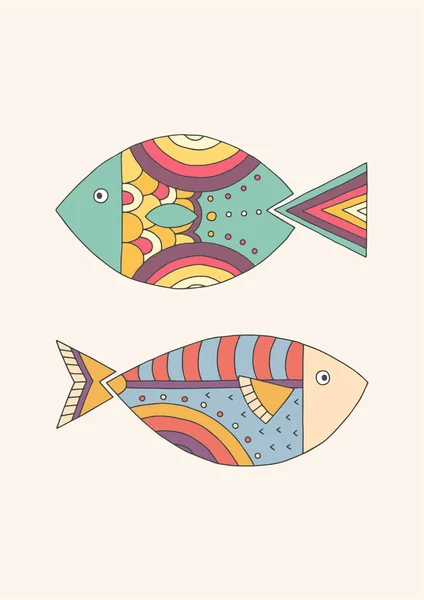 Two ornamental fish in the style of doodle. Vector — Stock Vector