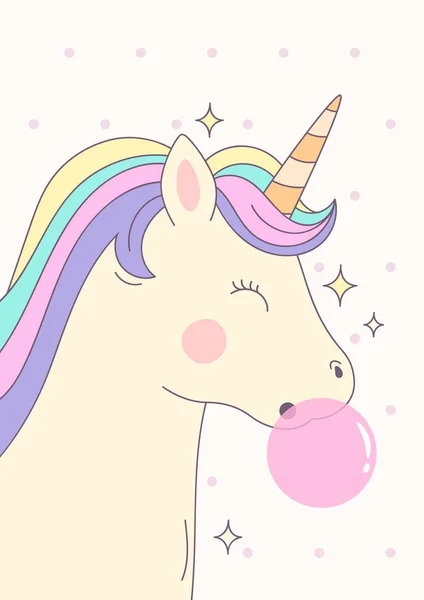 Cute magical unicorn with pink bubble gum. Vector. — Stock Vector
