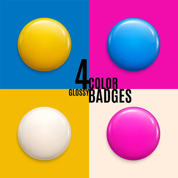 Set of four colorful glossy badges or buttons. Can be used as volunteer label, emblem, round plastic pin. 3d render. Vector. — Stock Vector