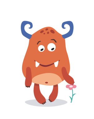 Çiçekli şirin canavar maskotu. Bebek odası için poster. Çocuk odası için çocukça bir parmak izi. Tasarım moda tişörtü, tebrik kartı, bebek partisi için kullanılabilir. Cadılar Bayramı vektör illüstrasyonu.