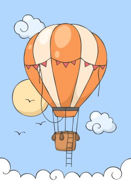 Sıcak hava balonu mavi gökyüzünde uçuyor. Arka planda bulutlar ve güneş var. Bebek odası için poster. Çocuk odası için çocukça bir parmak izi. Tasarım tebrik kartı, bebek partisi ve vektör illüstrasyonunda kullanılabilir..