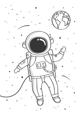 Uzayda yüzen bir astronot. El çizimi tasarım illüstrasyonu. Çocuk odası için çocukça bir parmak izi. Vektör.