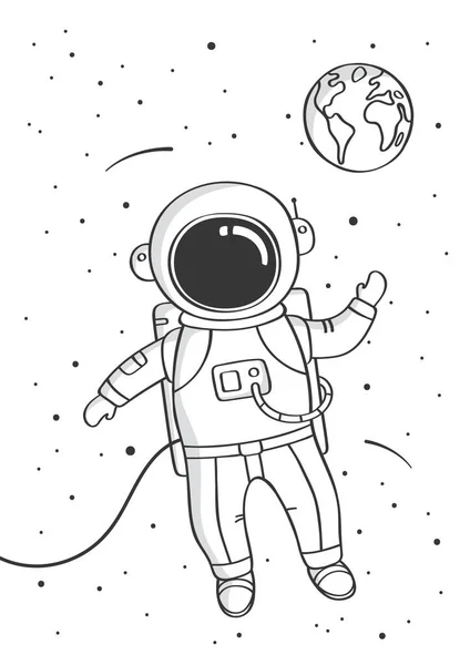 Astrounauta che galleggia nello spazio. Illustrazione disegno schizzo disegnato a mano. Stampa infantile per vivaio. Vettore. — Vettoriale Stock
