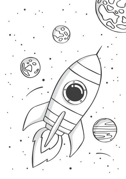 宇宙ロケットは惑星や星と一緒に宇宙を飛んでいます。ベビールーム用のポスター。保育園のための子供のプリント。ベクターイラスト. — ストックベクタ