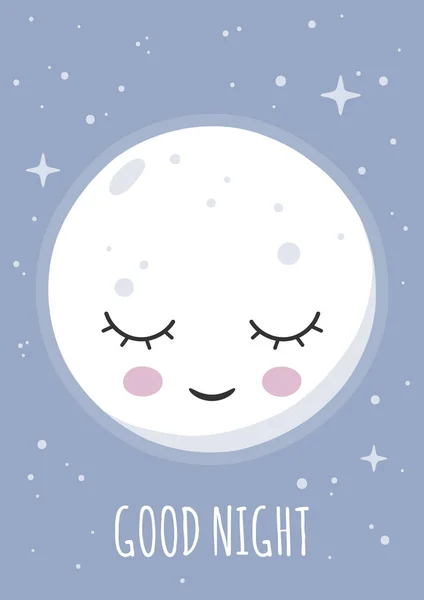 Sova leende måne önskar god natt. Affisch för barnrum. Barnsligt tryck för dagis. Design kan användas för gratulationskort, inbjudan, baby shower. Vektorillustration. — Stock vektor