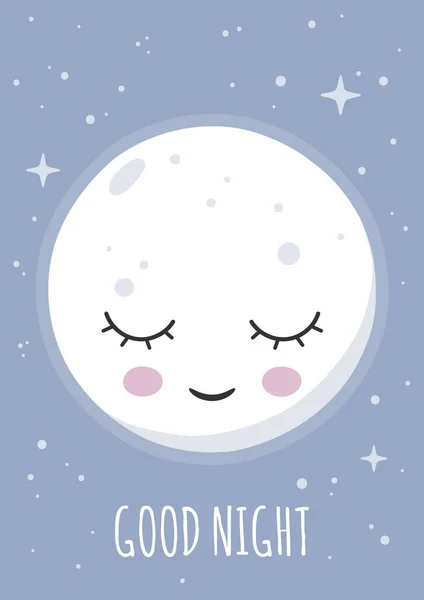 Luna sonriente durmiente deseando buenas noches. Cartel para la habitación del bebé. Impresión infantil para vivero. El diseño se puede utilizar para la tarjeta de felicitación, la invitación, la ducha del bebé. Ilustración vectorial . Vector De Stock