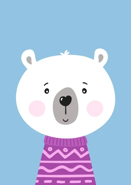 Carino orso polare disegnato a mano in maglione viola. Poster per la cameretta. Stampa infantile per vivaio. Il design può essere utilizzato per biglietti di auguri, inviti, baby shower. Illustrazione vettoriale. — Vettoriale Stock