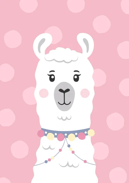 Bel lama, faccia da alpaca. Un personaggio dei cartoni. Poster per la cameretta. Stampa infantile per vivaio. Il design può essere utilizzato per abbigliamento per bambini, biglietto di auguri, invito, baby shower. Illustrazione vettoriale. — Vettoriale Stock