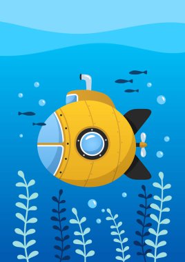 Balıklı sarı denizaltı, sualtı gemisi. Bebek odası için poster. Çocuk odası için çocukça bir parmak izi. Tasarım tebrik kartı, davetiye, bebek partisi için kullanılabilir. Vektör illüstrasyonu.