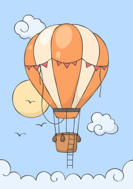 Gökyüzünde sıcak hava balonu. Bebek odası için poster. Çocuk odası için çocukça bir parmak izi. Tasarım tebrik kartı, davetiye, bebek partisi için kullanılabilir. Vektör illüstrasyonu.