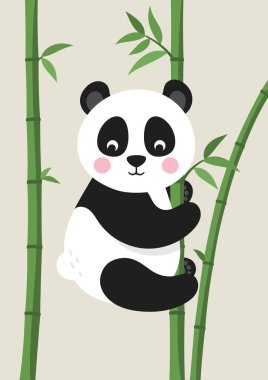 Bambu dalında şirin panda. Bebek odası için poster. Çocuk odası için çocukça bir parmak izi. Tasarım çocuk kıyafetleri, tebrik kartı, davetiye, bebek partisi için kullanılabilir. Vektör illüstrasyonu.