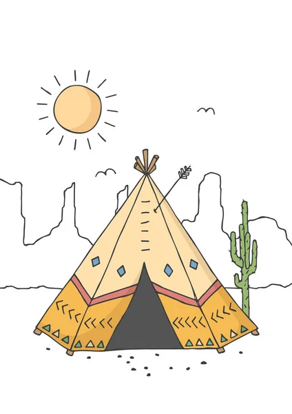 Tipi, tienda de campaña o wigwam vivienda nativa americana. Cartel para la habitación del bebé. Impresión infantil para vivero. El diseño se puede utilizar para la tarjeta de felicitación, invitación. Ilustración vectorial. Gráficos Vectoriales