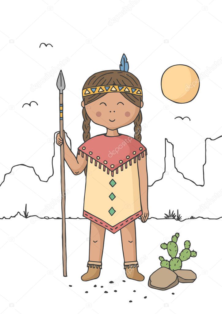 Little girl dressed as native american indian. Poster for baby room. Childish print for nursery. Design can be used for kids apparel, greeting card, invitation, baby shower. Vector illustration.