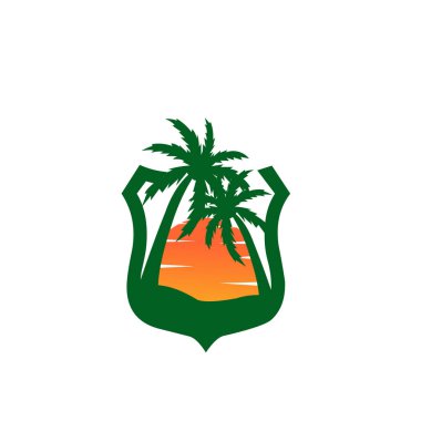 Körfezde, iki hindistan cevizi ağacı vektör logosu arasında güzel bir gün batımı, beyaz arka planda gün batımı. günbatımı güneşi, simge