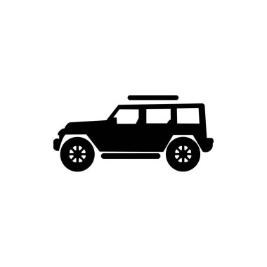 Jeep vektör simgeleri, yaz gezileri ve tatiller, macera ve çapraz kavramlar. Yazdırma, ağ, hücresel ve beyaz arkaplan içeren vektör çizimi.
