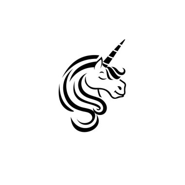 Unicorn Logo Vector Illustration, çocuklar için, bebek, moda, şeker, şeker dükkanı veya dükkan için. Tek boynuzlu at rozeti, etiket, etiket ve simge.