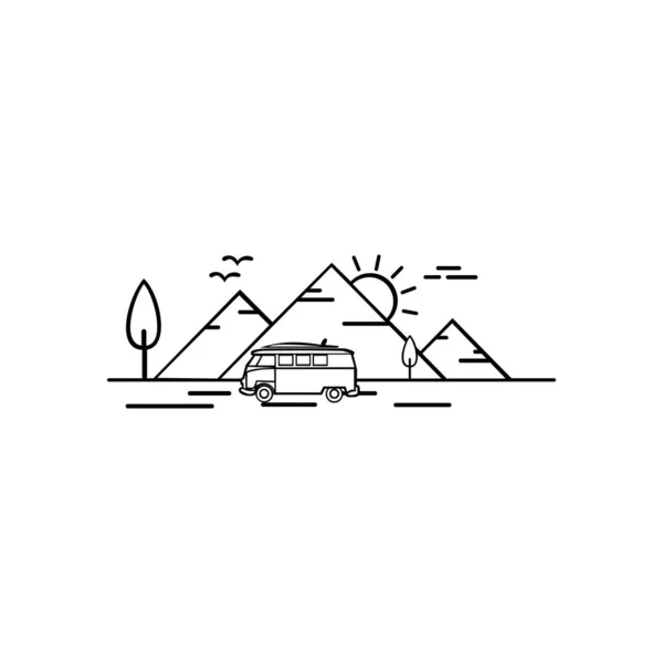 Travel with campervan. Adventure, vintage car, outdoor recreation, adventures in nature, vacation. vector illustration in flat design.