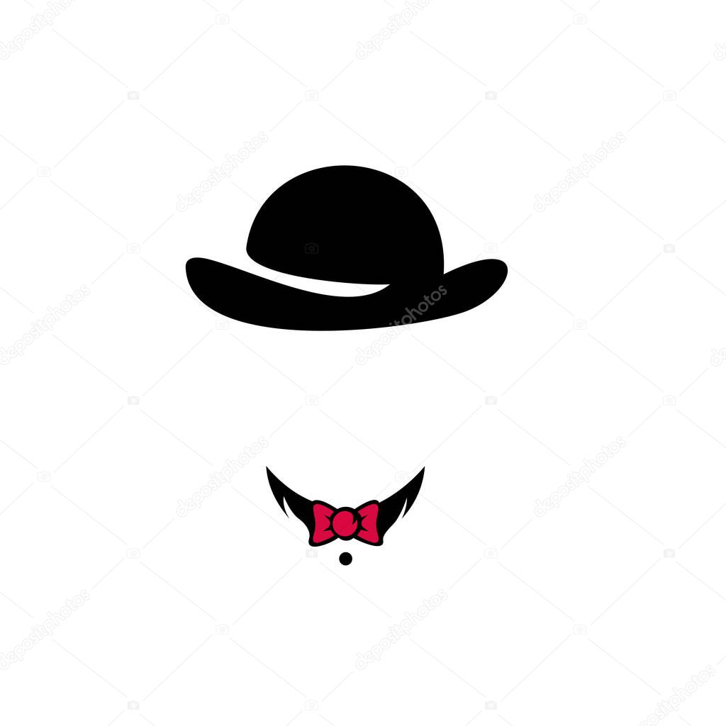 Top hat and bow tie. Silhouette of man's head with hat an bow tie. Black simple avatar.