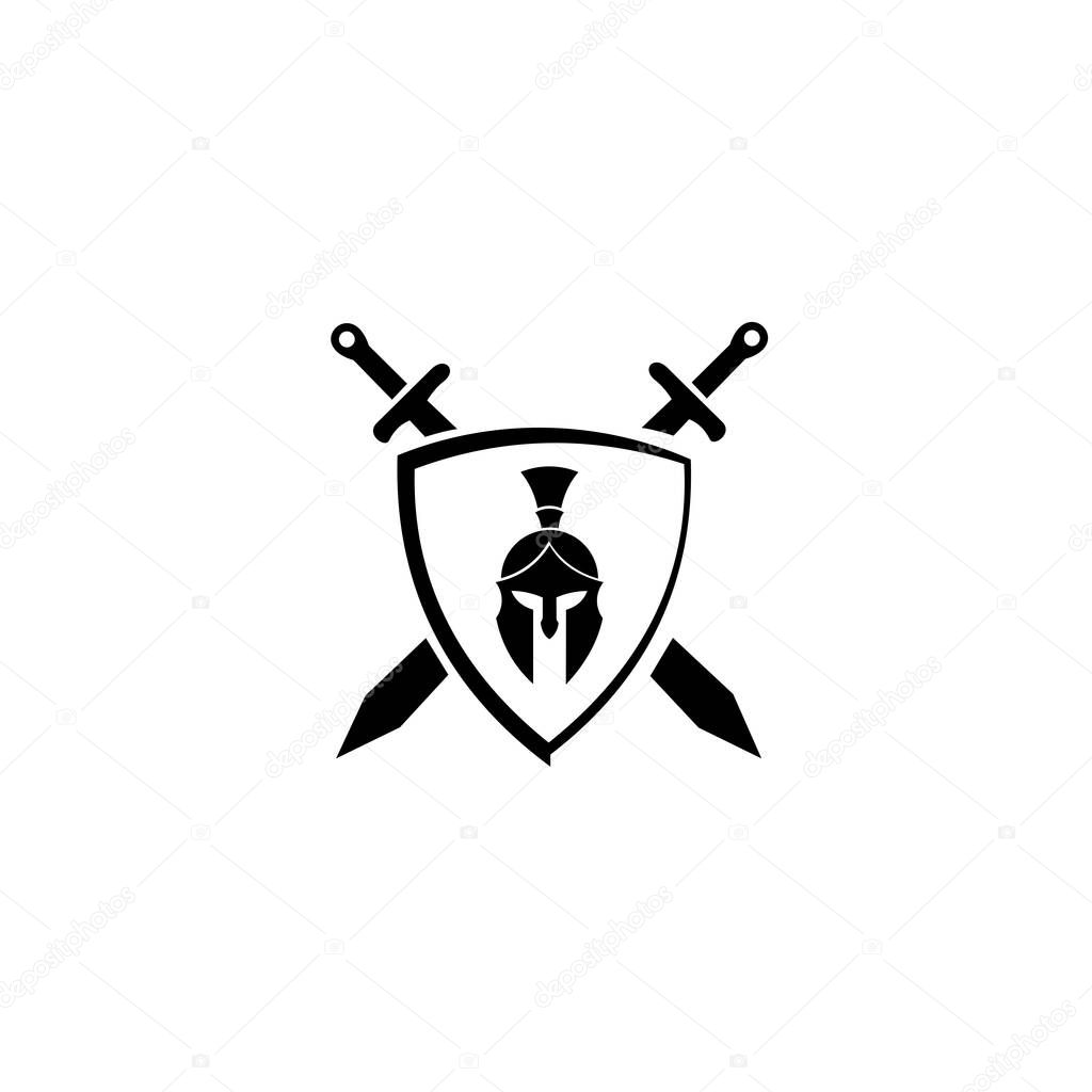 Gladiator logo template design vector. Spartan helmet, shield, sword, isolated on white background.