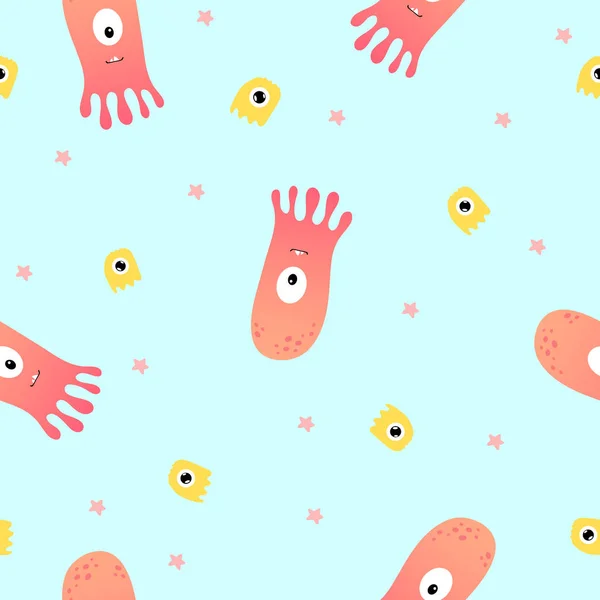 Kawaii renk deniz deseni. Ahtapotlar ve yıldızlar mavi arkaplanda
