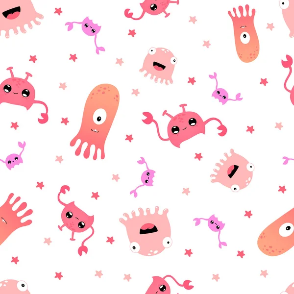 Kawaii Pembe Donanma desenli. Ahtapotlar, yengeçler, beyaz arkaplanda yıldızlar