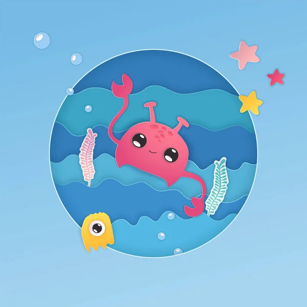 Kağıt kesiği koleksiyonu mavi kağıt yengeç deniziyle. Vector Kawaii illüstrasyonu. Şirin vektör çizimi. Vektör koleksiyonu. Tatil aralığı. Yaratıcı vektör elemanı. Kawaii hayvanı. Denizci takımı.