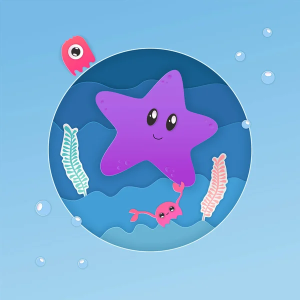 Kağıt kesiği denizyıldızı Kawaii, her amaç için harika bir tasarım. Mutlu çocuklar. Tasarım ögesi ayarlandı. Deniz altı yaşamı. Tasarım konsepti baskısı. Kawaii hayvanı. Yaz döngüsü. Kağıt kesim biçimi.