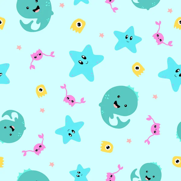 Kawaii renk deniz deseni. Ahtapot, yengeç, yıldızlar ve mavi arka planda balık