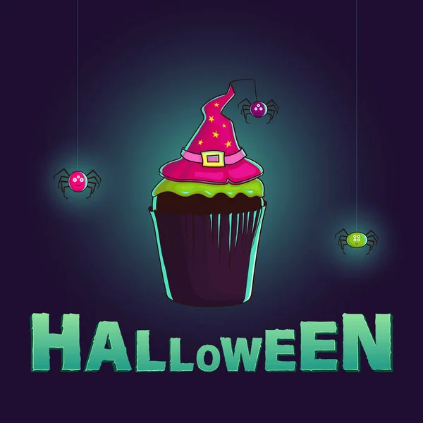 Cupcake Mit Hexenhut Und Leuchtenden Spinnen Auf Dunkelblauem Hintergrund Halloween — Stockvektor