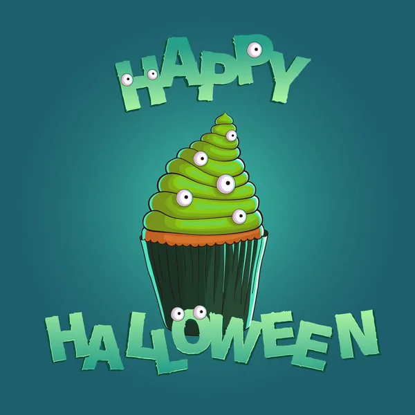 Cupcake Avec Crème Verte Yeux Sur Fond Bleu Joyeux Halloween — Image vectorielle