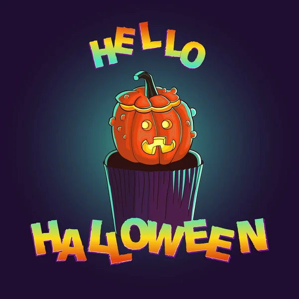 Schokoladen Cupcake Mit Kürbis Auf Lila Hintergrund Hallo Halloween Halloween — Stockvektor