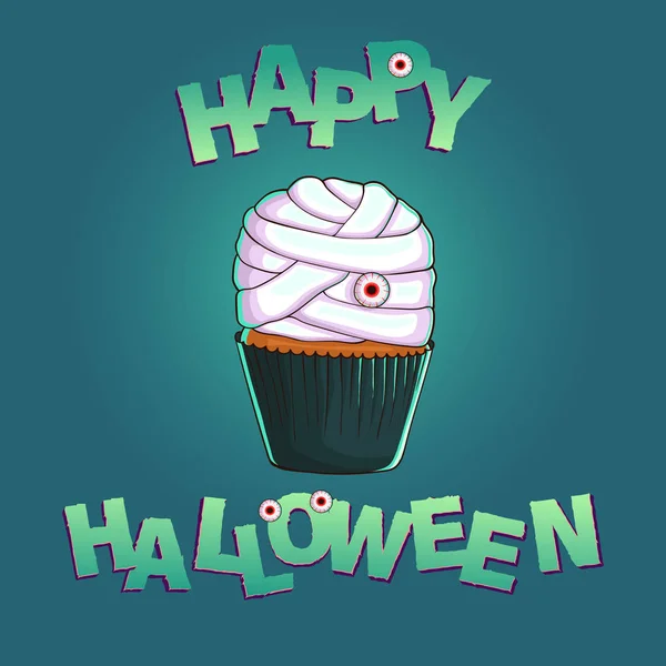 Glad Halloween Mumie Cupcake Blå Bakgrund Halloween Hälsningar — Stock vektor