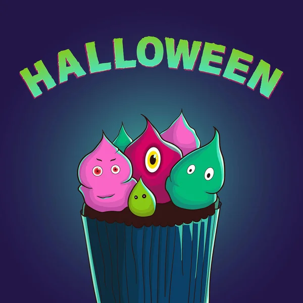 Crema Monstruos Magdalenas Halloween Ilustración Cupcake Vectorial Ilustración Halloween Espeluznante — Archivo Imágenes Vectoriales