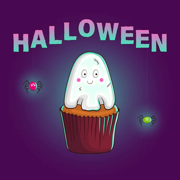 Geister Cupcake Und Glühende Spinnen Auf Lila Hintergrund Halloween Grüße — Stockvektor