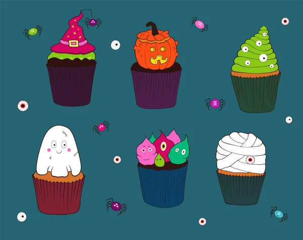 Halloween Muffinok Pókok Szemek Süti Gipsszel Muffin Boszorkány Sapkával Pókkal — Stock Vector