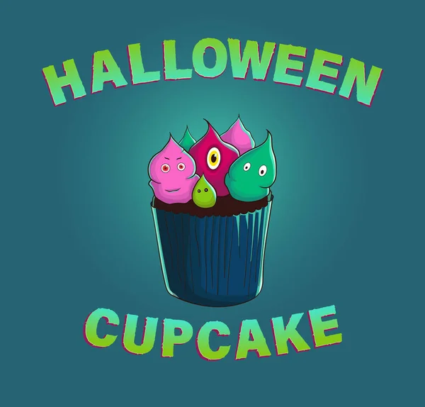 Crema Monstruos Magdalenas Halloween Ilustración Cupcake Vectorial Ilustración Halloween Espeluznante — Archivo Imágenes Vectoriales