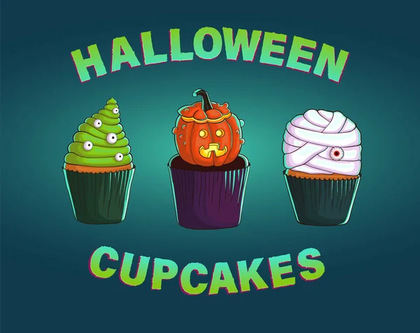 Pastelitos Halloween Cupcake Con Momia Cupcake Con Calabaza Cupcake Con — Archivo Imágenes Vectoriales