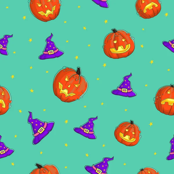 Modèle Sans Couture Halloween Modèle Halloween Chapeau Sorcière Citrouilles Grand — Image vectorielle