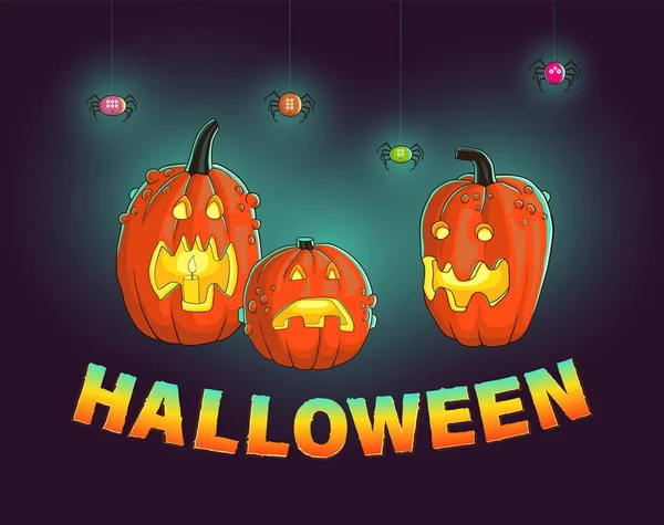 Grattis Halloweenfesten Glad Halloween Text Tecknad Halloween Pumpa Gratulationskort Design — Stock vektor